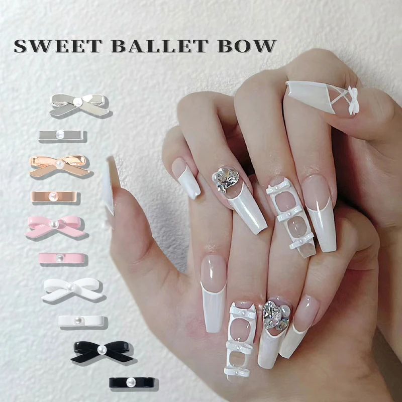 10Pcs Ballet Dancing Shoes Nails Bowknot Charms 3D Alloy Silk Ribbon Pink Girl Bows Kawaii Nail Art Decorations Nail Accessories