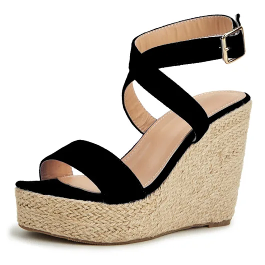 Clogs With Heel Sandals on A Wedge Women\'s Low Shoes Suit Female Beige Large Size Cross Thick Platform Low-heeled Black Outside