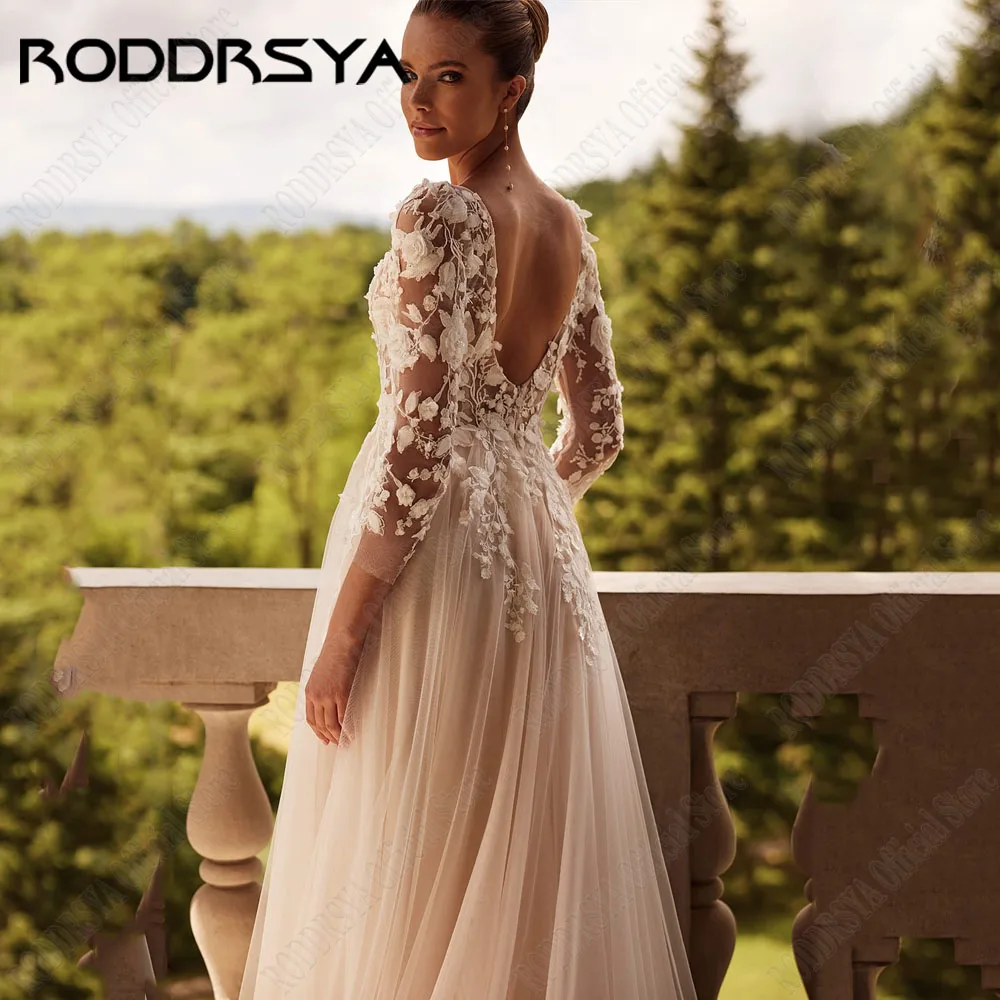 RODDRSYA Customized V Neck A Line Wedding Dresses 2025 Bride Lace 3/4 Sleeve Backless Flowers Bridal Gown Vestidos De Novias