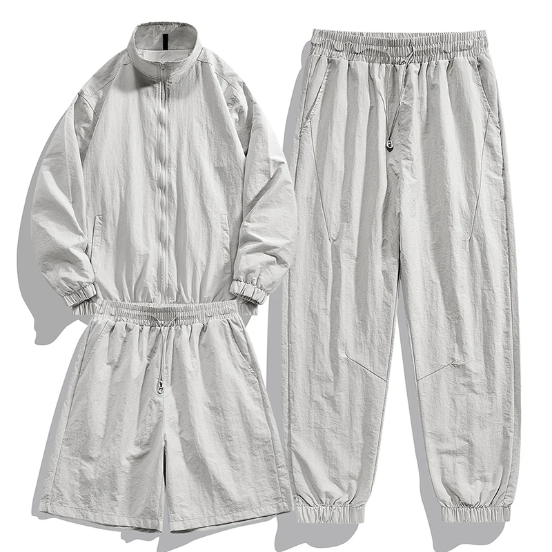 

Men's Summer Fashion Trend Versatile Set Outdoor Sports and Leisure UV Resistant Jacket Long Pants and Shorts Three Piece Set