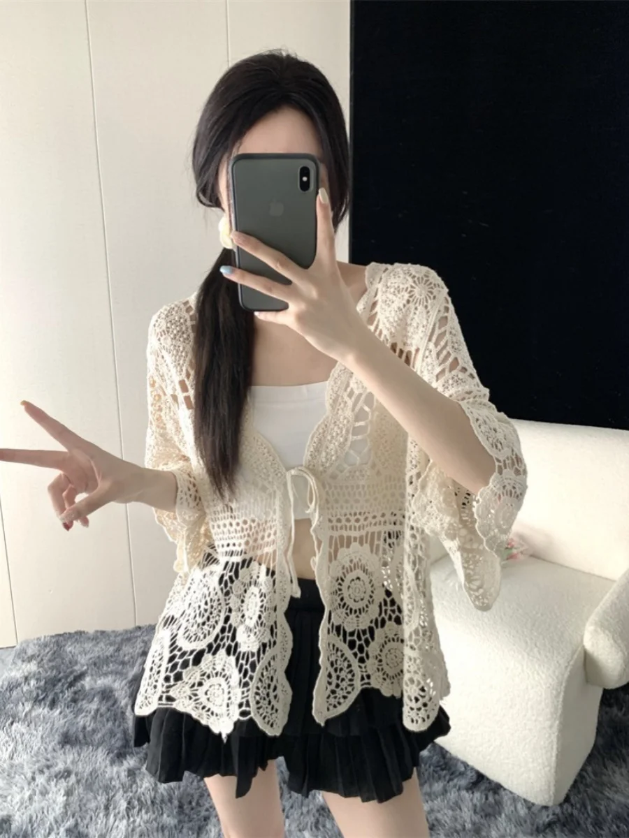 

plus Size Lace Knitted Casual Cover up Shirt Women's Summer Outerwear Cardigan Thin Shoulder Padded Sun Protection Clothes