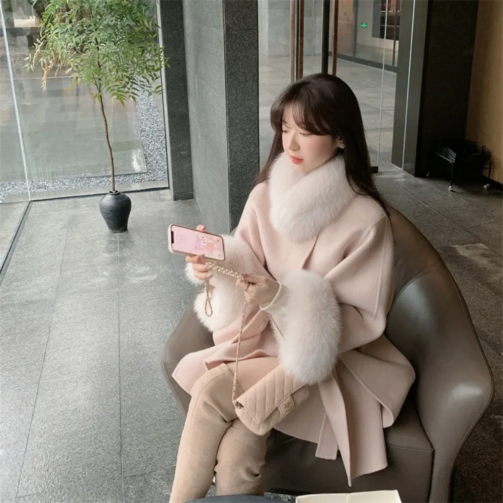 

Real Fox Fur Collar Fur Double-sided Soft Wool Cloak Cuffs Woolen Coats Women Autumn Winter New Elegant Fashion Tops Overcoats
