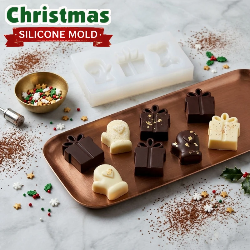 Christmas Silicone Mold Gift Box Mitten Bone Shape DIY Fondant Cake Chocolate Candy Mold Candle Plaster Resin Craft Mould