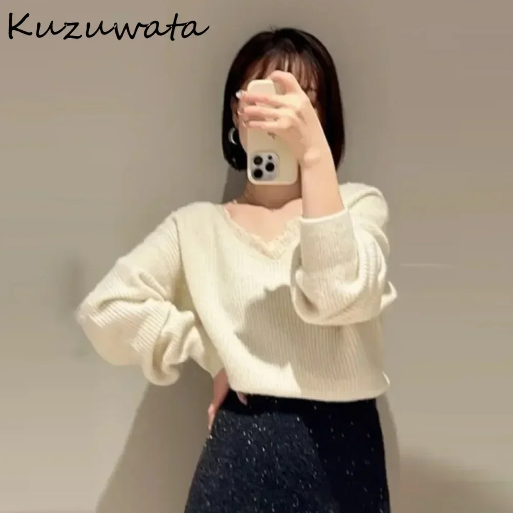 Kuzuwata-Haut en tricot tout assressentiavec dentelle pour femme, col en V doux, manches longues, style patchwork japonais, pull de niche, côtes françaises