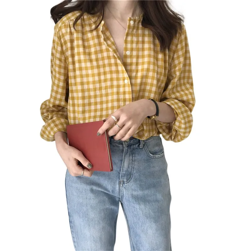 Women Vintage Long Sleeve Shirt Oversized Plaid Shirt Autumn Spring Shirt Fit Blouse