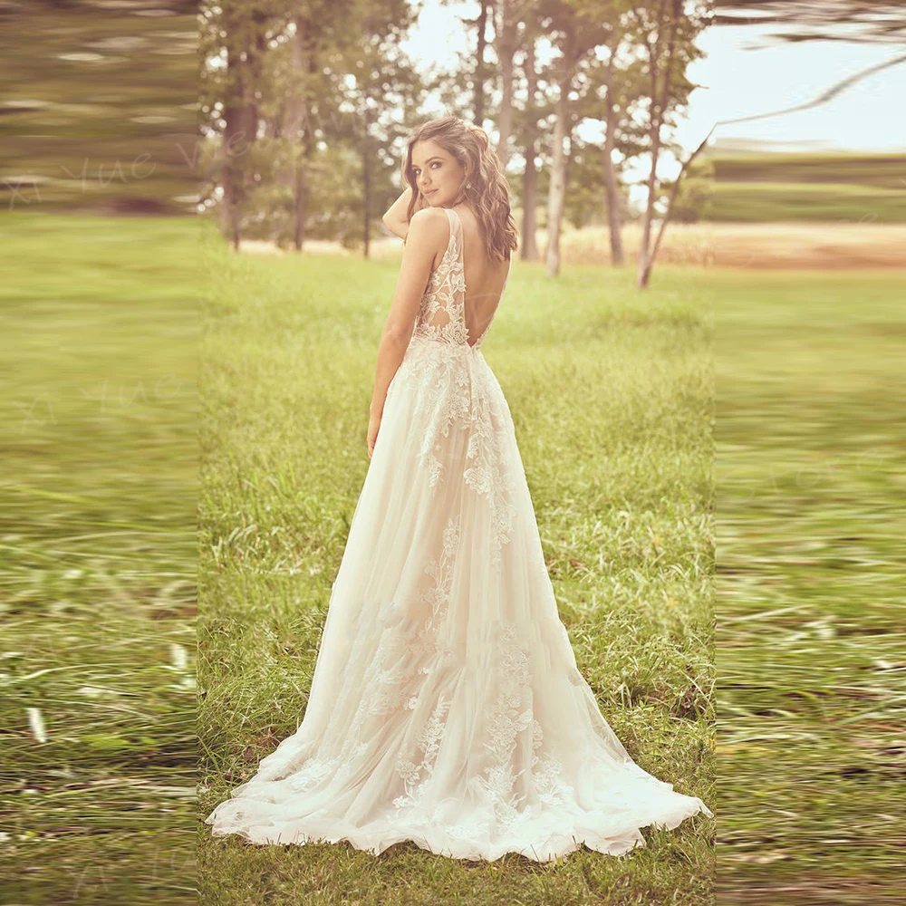 Vestido De novia De corte en A para mujer, traje bohemio exquisito con apliques De encaje, sin mangas, Espalda descubierta, cuello en V