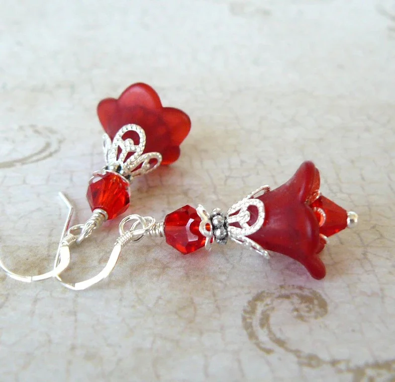 Red Flower Earrings, Bright Crimson Lucite Flower Dangles, Vintage Style Jewelry, Gift for Her, Red and Silver Floral Earrings