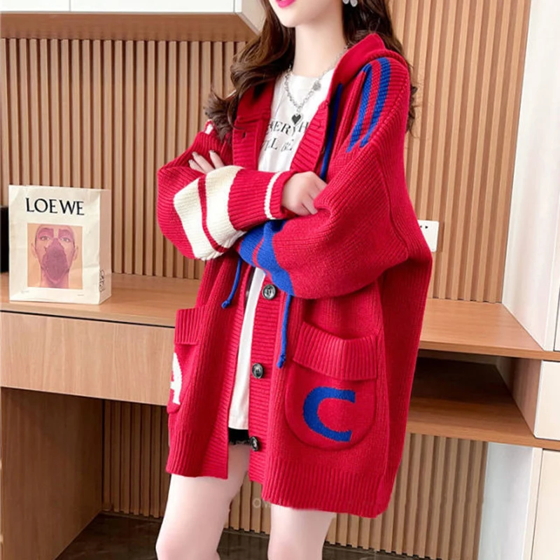 Korean Sweater Oversized knitwear Female Cardigan Spring Autumn Fashion Hooded Knit Pull Femme Casual Sweater Coat