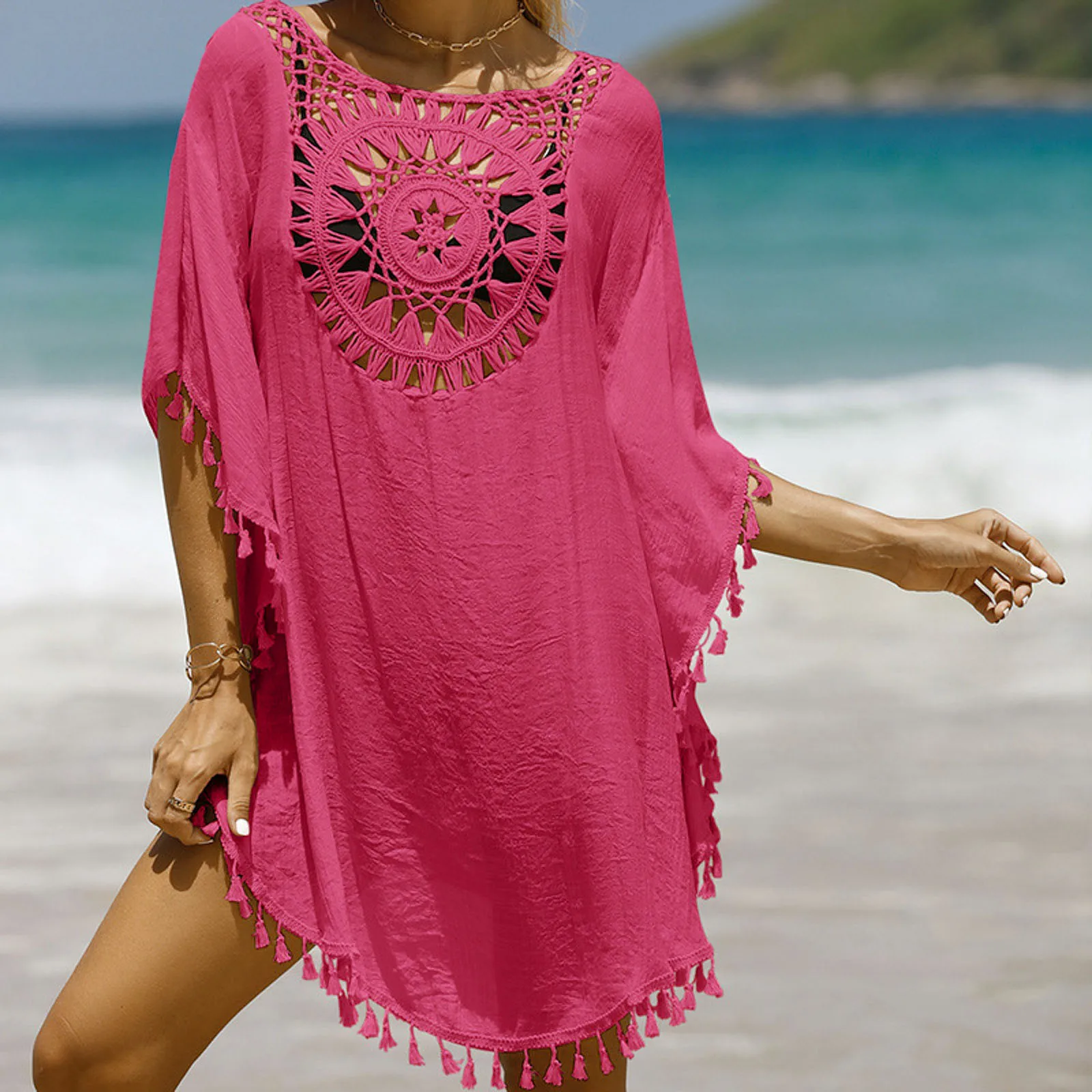 

Summer Women's Swimwear Cover Up Sexy Hollow Out Beach Short Dress Fashion Loose Solid Colour Tassel Sun Shirt Bikini Cover Ups