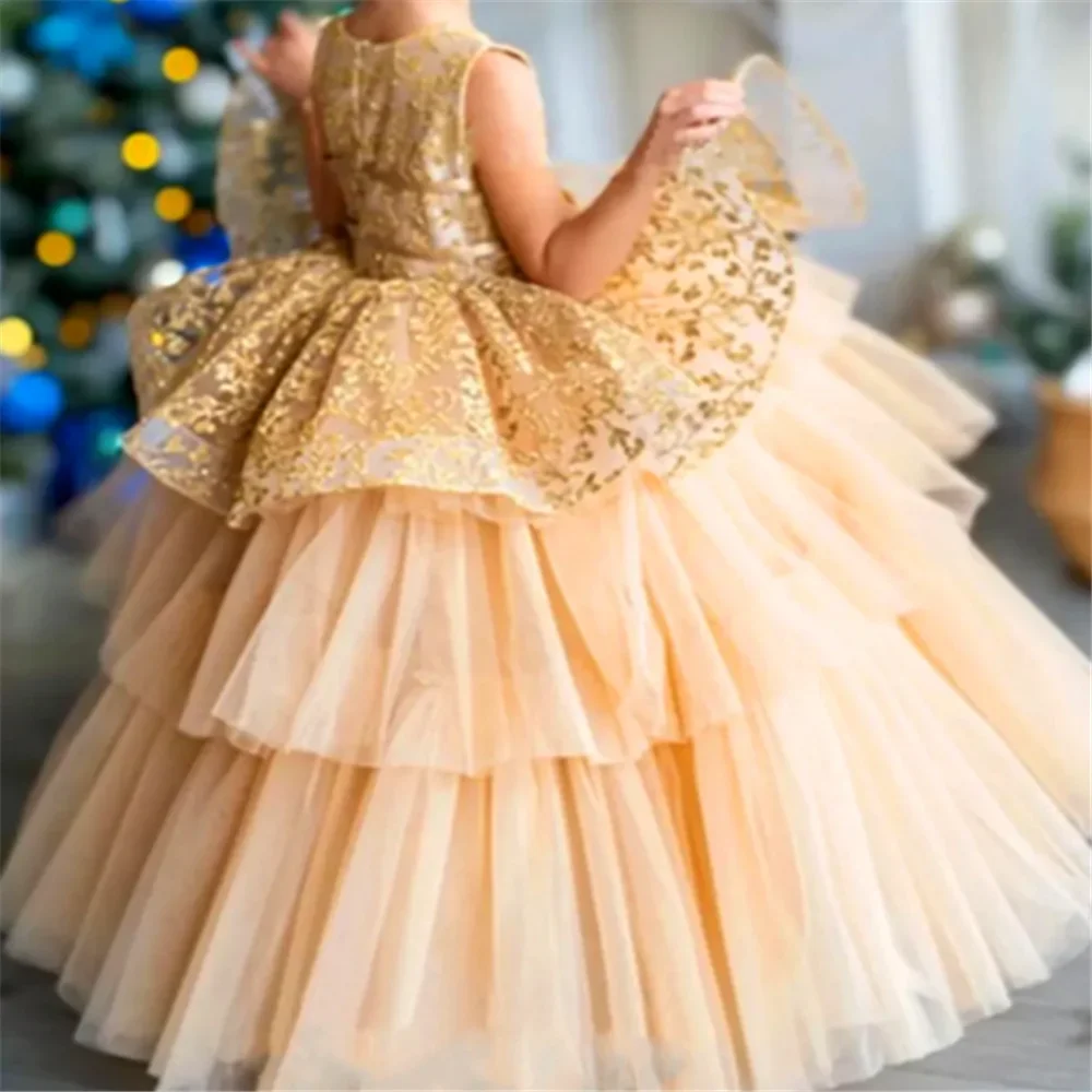 Vestido de encaje de tul sin mangas A + para niña, vestido de flores en capas, Bola de princesa, desfile de belleza, primera comunión, regalo de cumpleaños sorpresa para niños