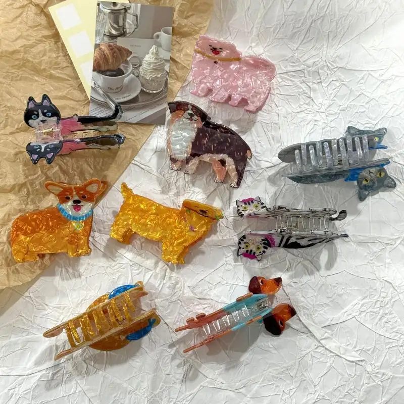 1 Stück Niedliche Cartoon-Acryl-Haarspange mit Hund-, Katzen- und Hai-Motiv für Frauen, Trendige Geometrische Haarspangen, Haarnadeln, Haaraccessoires, Geschenke – Detail 5