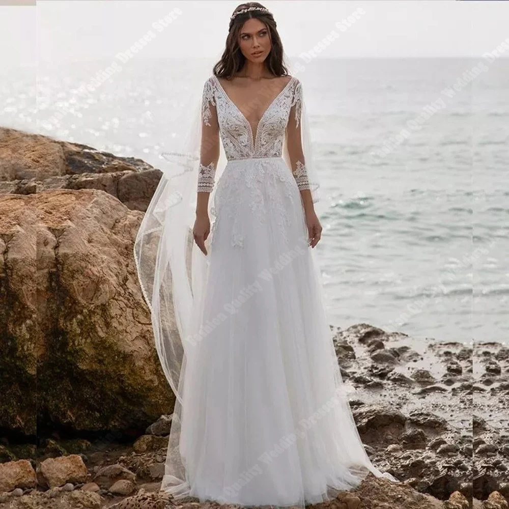 우아한 여성 웨딩 드레스 밝은 v 넥 신부 공주 가운 길이 약혼 연회 vestidos de noche 맞춤형