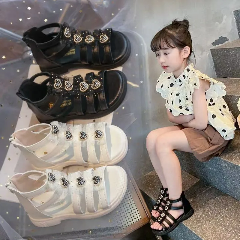 

Little Girls High-top Sandals with Shiny Heart 2026 New Summer Toddler Roman Sandals Non-slip Classic Trendy School Daily Wear