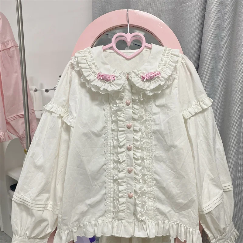 Lolita Shirt White Sweet Women Preppy Style Blouses Cute Peter Pan Collar Lace Ruffle JK Shirts Girls Long Sleeve Blusas Mujer