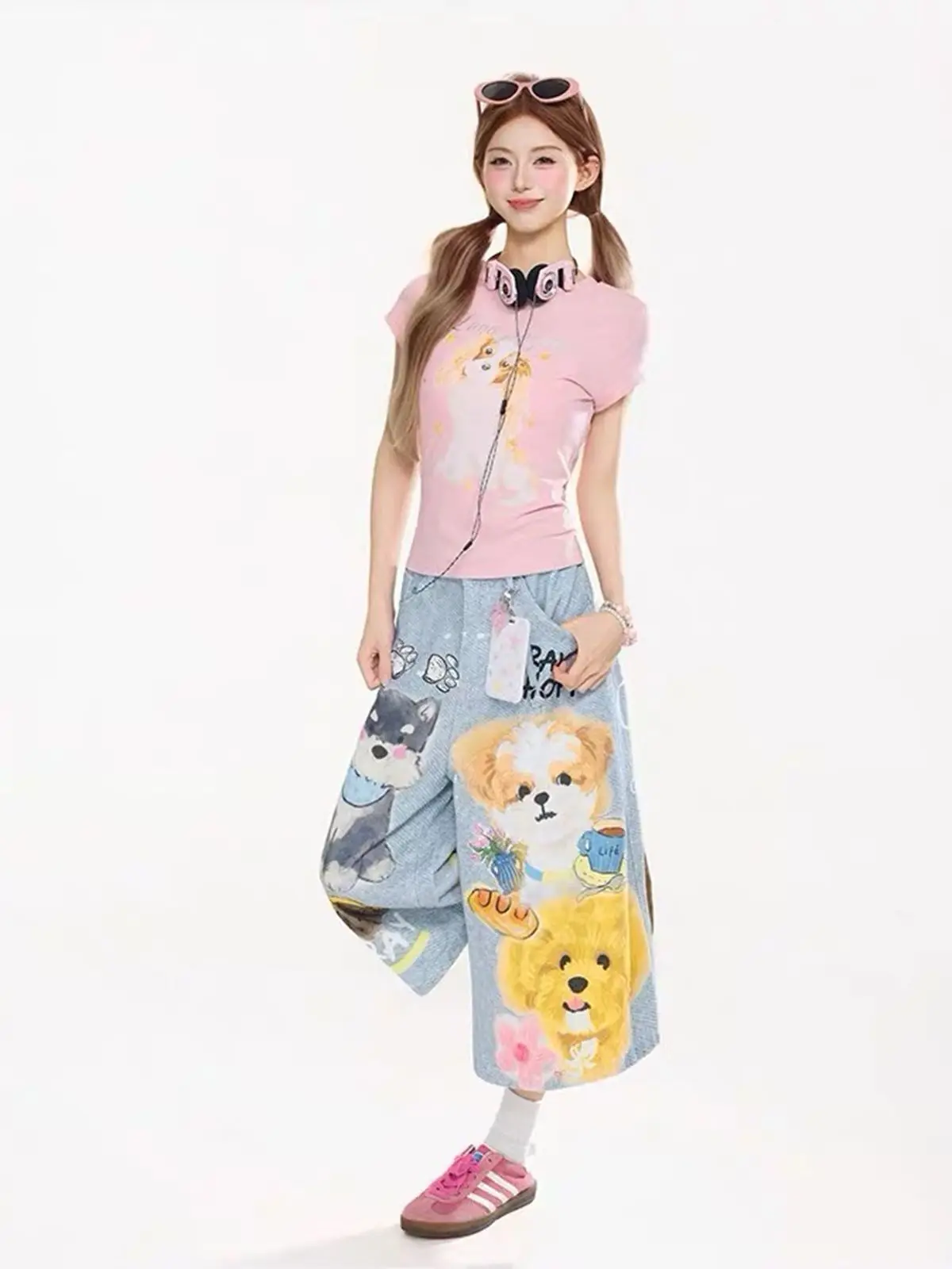 Y2K American Dog Print Blue Denim Cropped Pants Loose Wide Leg Summer Street Mid Shorts for Women