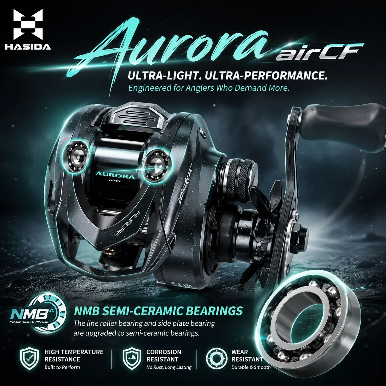 Carrete de Pesca HASIDA Aurora airCF de Carbono para Baitcasting, BFS NMB SIC BB, 109G, Freno Magnético de Suspensión 3D, Relación 8.1:1, Potencia de Arrastre de 4KG