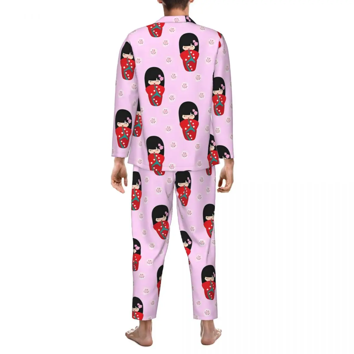 Bonecas japonesas conjuntos de pijama vermelho kokeshi moda pijamas casal mangas compridas casual lazer duas peças casa terno tamanho grande 2xl