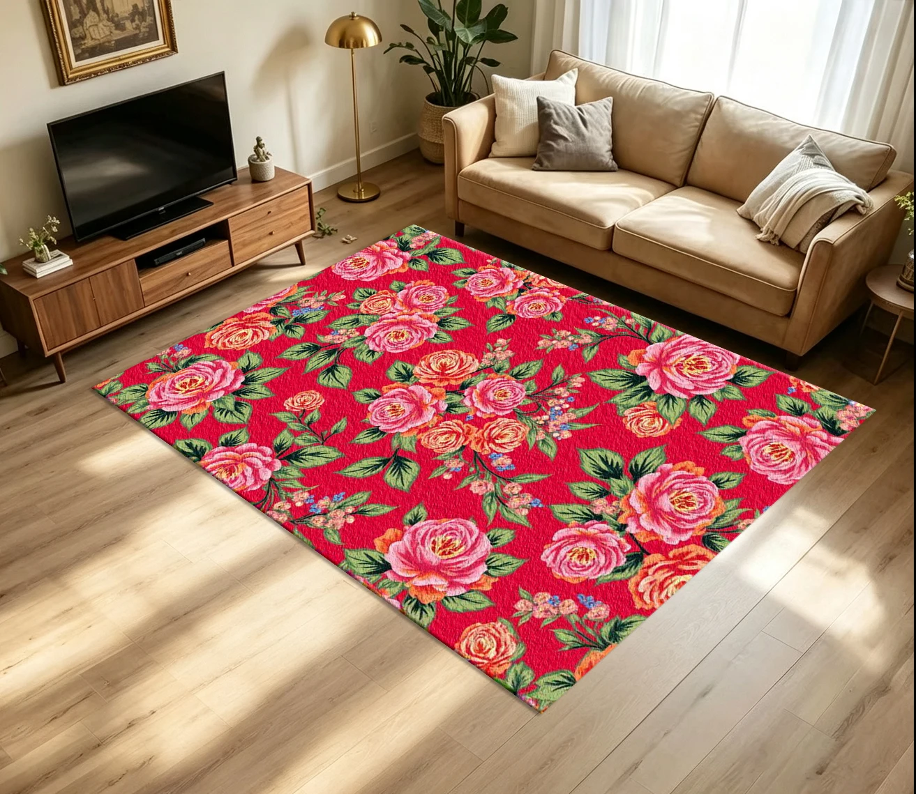 Bright Red Background Peony Rose Floral Carpet Flooring Vibrant Vintage Garden Flower Leaf Seamless Pattern Printed Floor Rug for Household Indoor Vivid Home Decoration