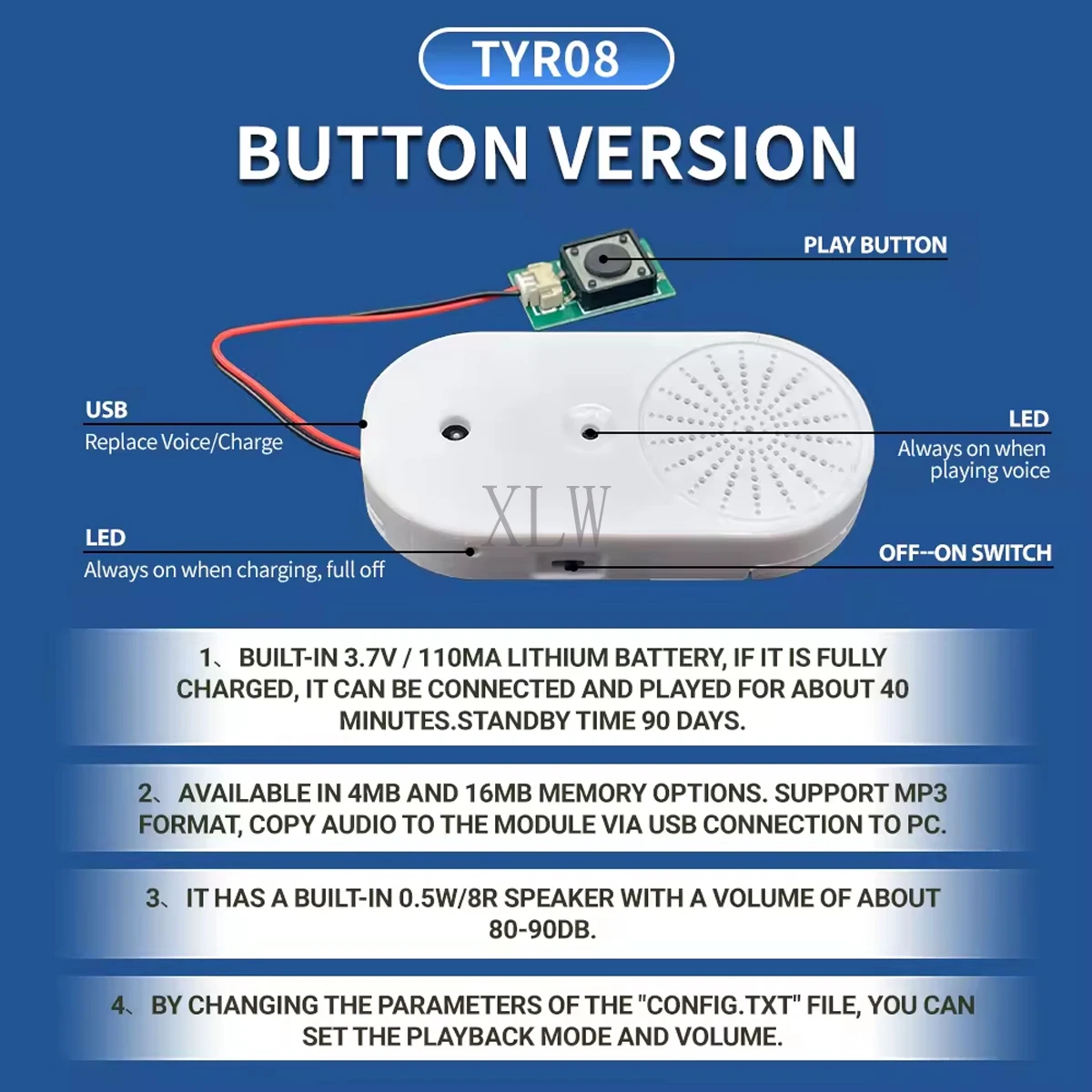 Push Button Record & Playback in One Voice box Sound Module, 4MB/16MB USB Downloadable & Recordable for Xmas Greeting Gifts