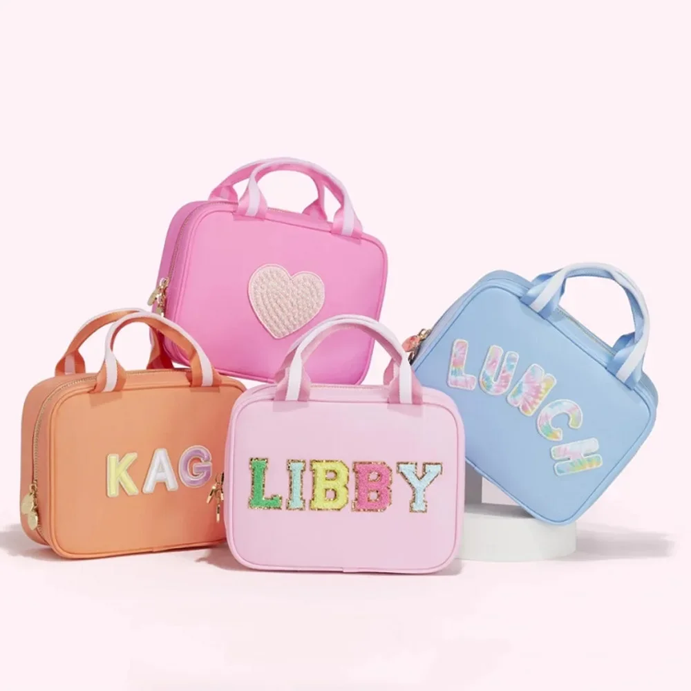 Waterproof Nylon Lunch Bags Kids Fashion Letter Patches Insulated Lunch Box Children Portable Lunch Totes Picnic Food Warmer Bag