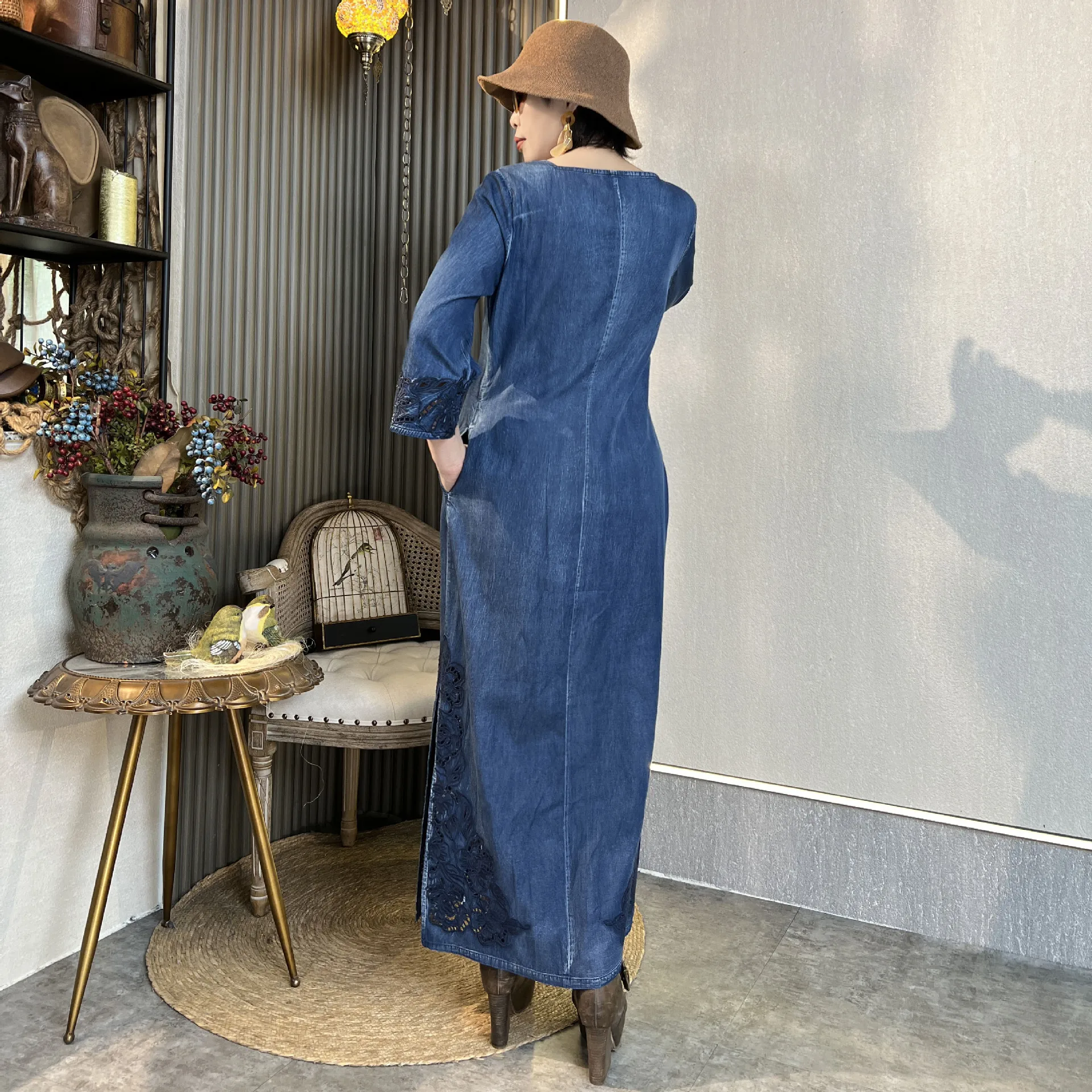 TIYIHAILEY New Free Shipping Long Maxi Half Sleeve Summer Denim M-5XL Chinese Style Embroidery Square Collar Plus Size Dresses