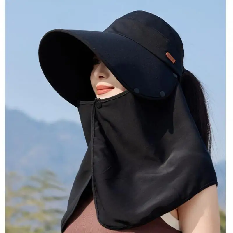 Chapeaux d'été pour femmes, chapeau de soleil avec grand châle amovible, Protection du cou, haut vide, seau, visière, accessoires de plage