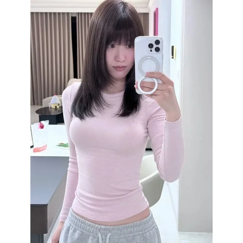 Vintage Harajuku Fairycore Shirt Basic Long Sleeve Crop Top for Women American Retro O Neck Slim Fit Solid Shirt Streetwear Tee