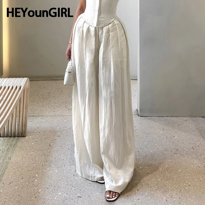 

HEYounGIRL Women Solid Folding Design Wide Leg Pants Boho Chic Minimalist Loose Sweatpants Vacation Style Casual Basic Trousers
