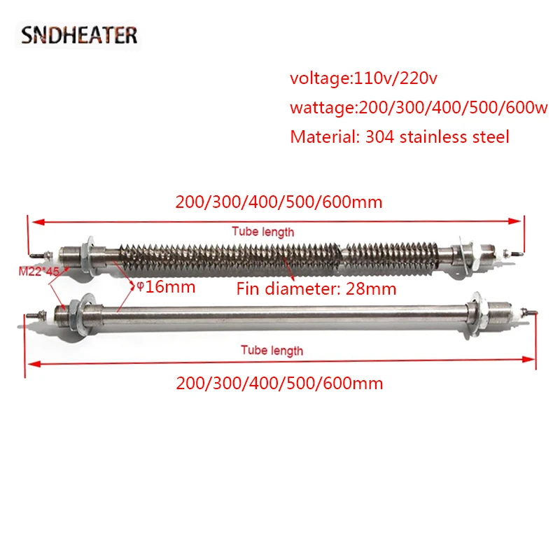 SNDHEATER 110V/220V Air Dry Finned Heating Element M22*45mm Tubular Threaded Heater 200/300/400/500/600W for Hot Wind Generator