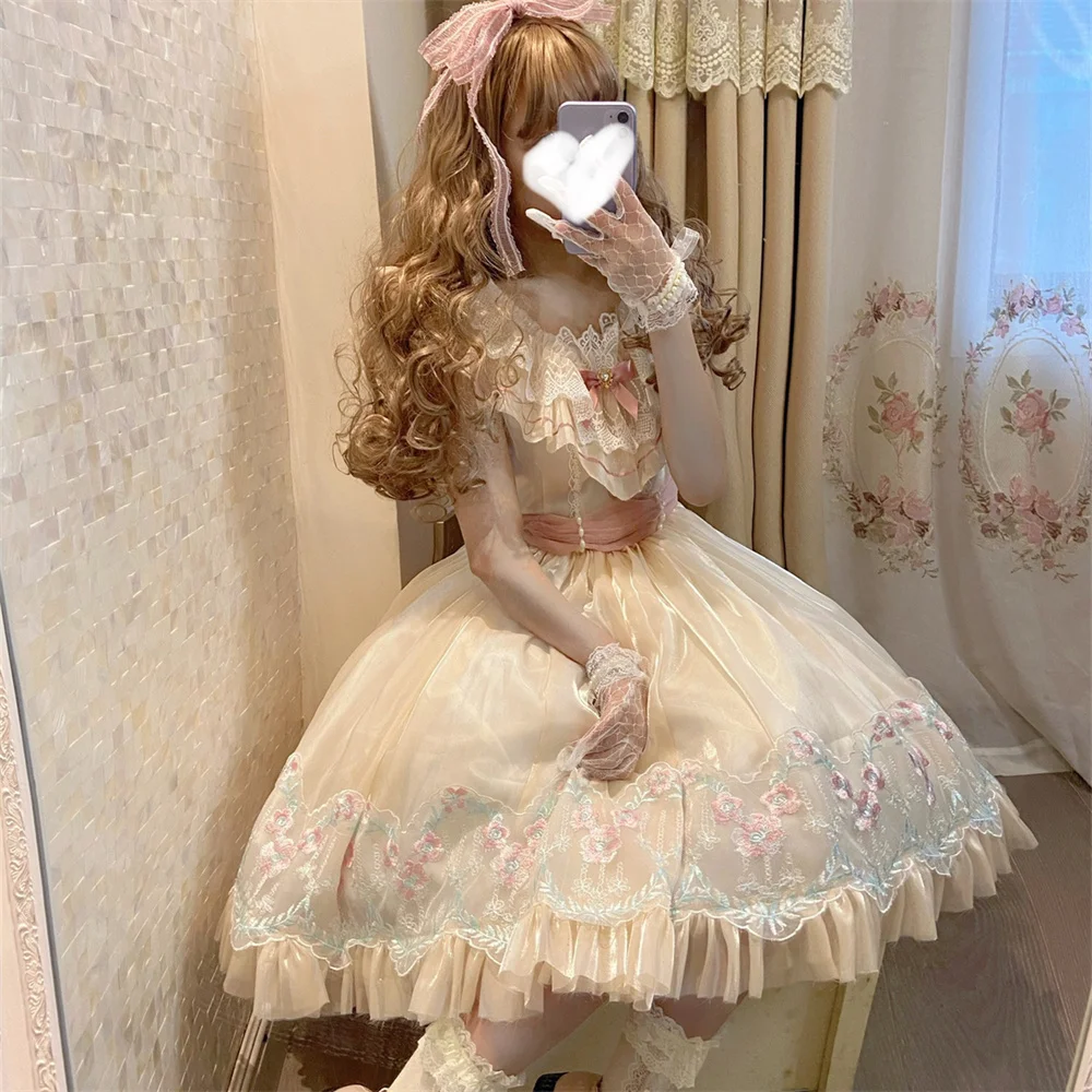 Elegant ผู้หญิง Victoria V คอเปิดเผยกลับ Lolita ชุด Kawaii สาวเย็บปักถักร้อยลูกไม้ Big Bowknot Princess Lolita Op คอสเพลย์