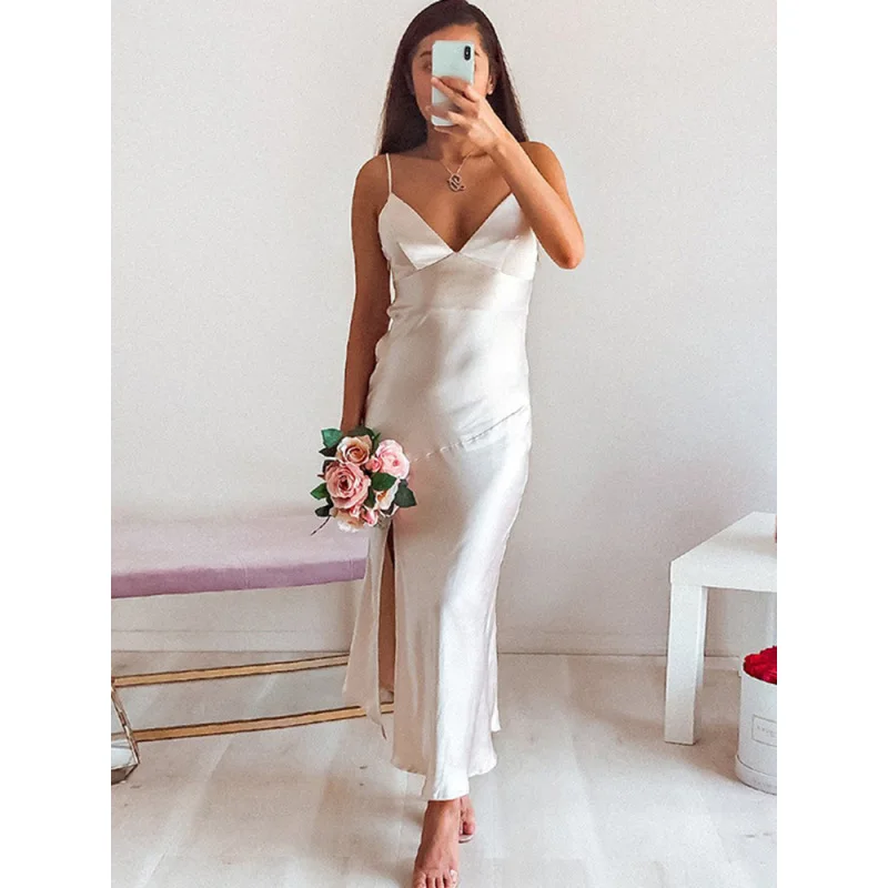2026 Spicy Girl Simple Satin Split Strap Women's Sensation V-neck Waist Look Slim Women's Summer Dress