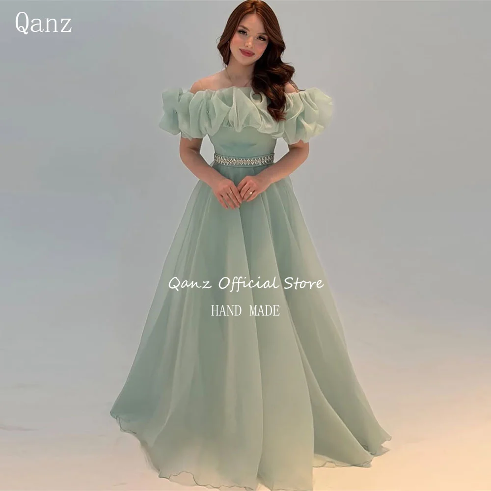 

Qanz Sage Green Organza Prom Dress Off Shoulder Ruffles Long A Line Formal Evening Gowns Crystal Robes De Soirée Customized