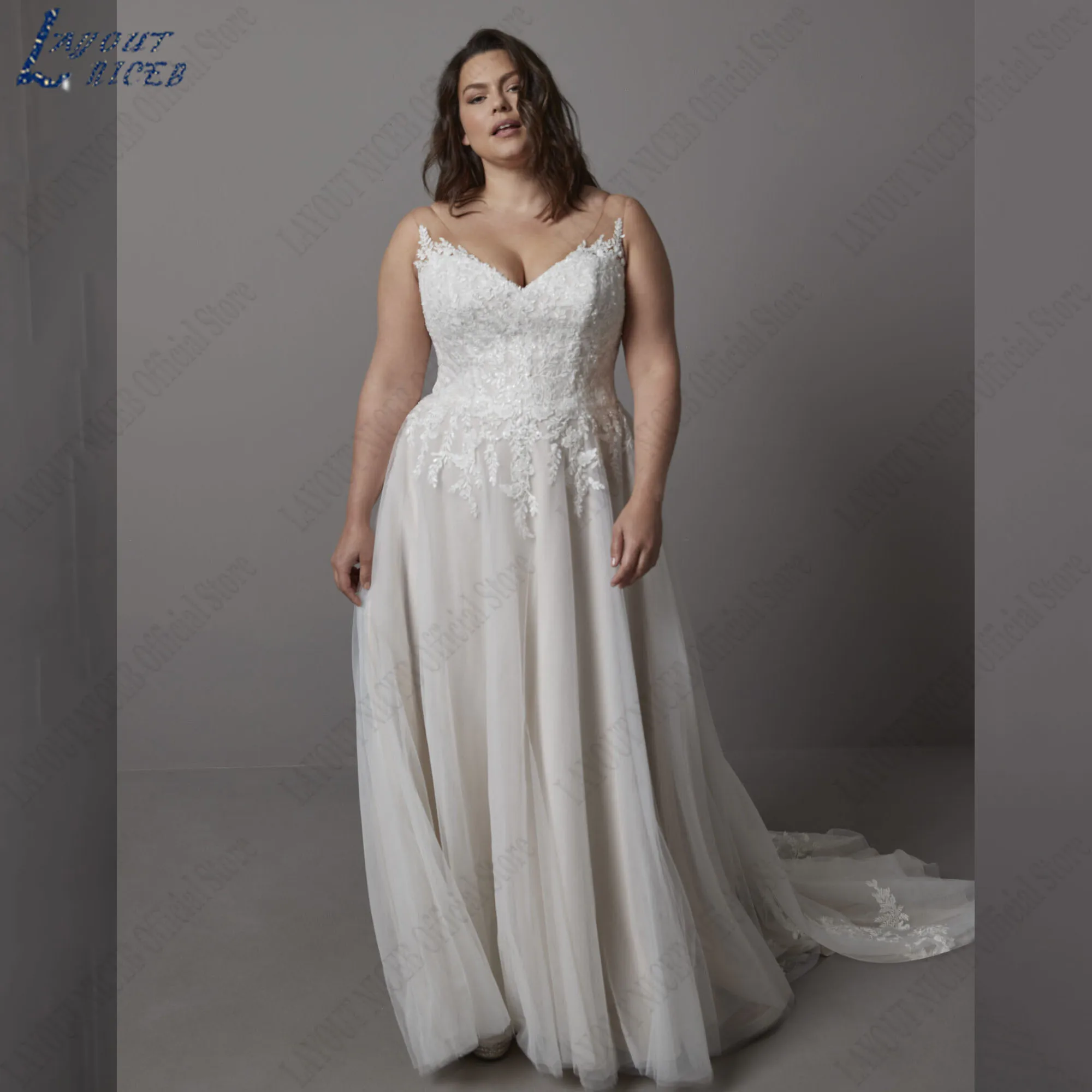 

LAYOUT NICEB Plus Size Wedding Dresses Tulle V-Neck Backless Sleeveless Bride Gowns A-Line Appliques Vestidos Novias Boda 2024 ﻿