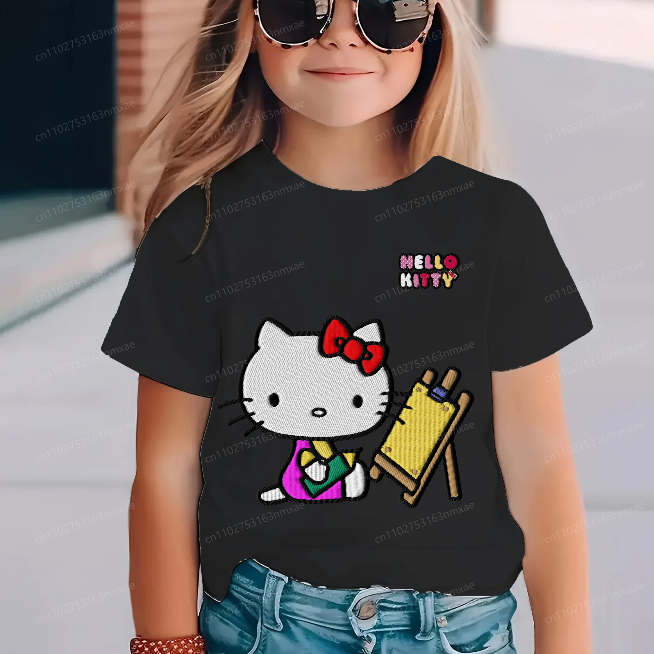 

Детский топ с вышивкой, футболка «Hello Kitty», коллекция 2024, одежда для девочек, летняя текстура, детский топ для девочек с 3D принтом для девочек и мам