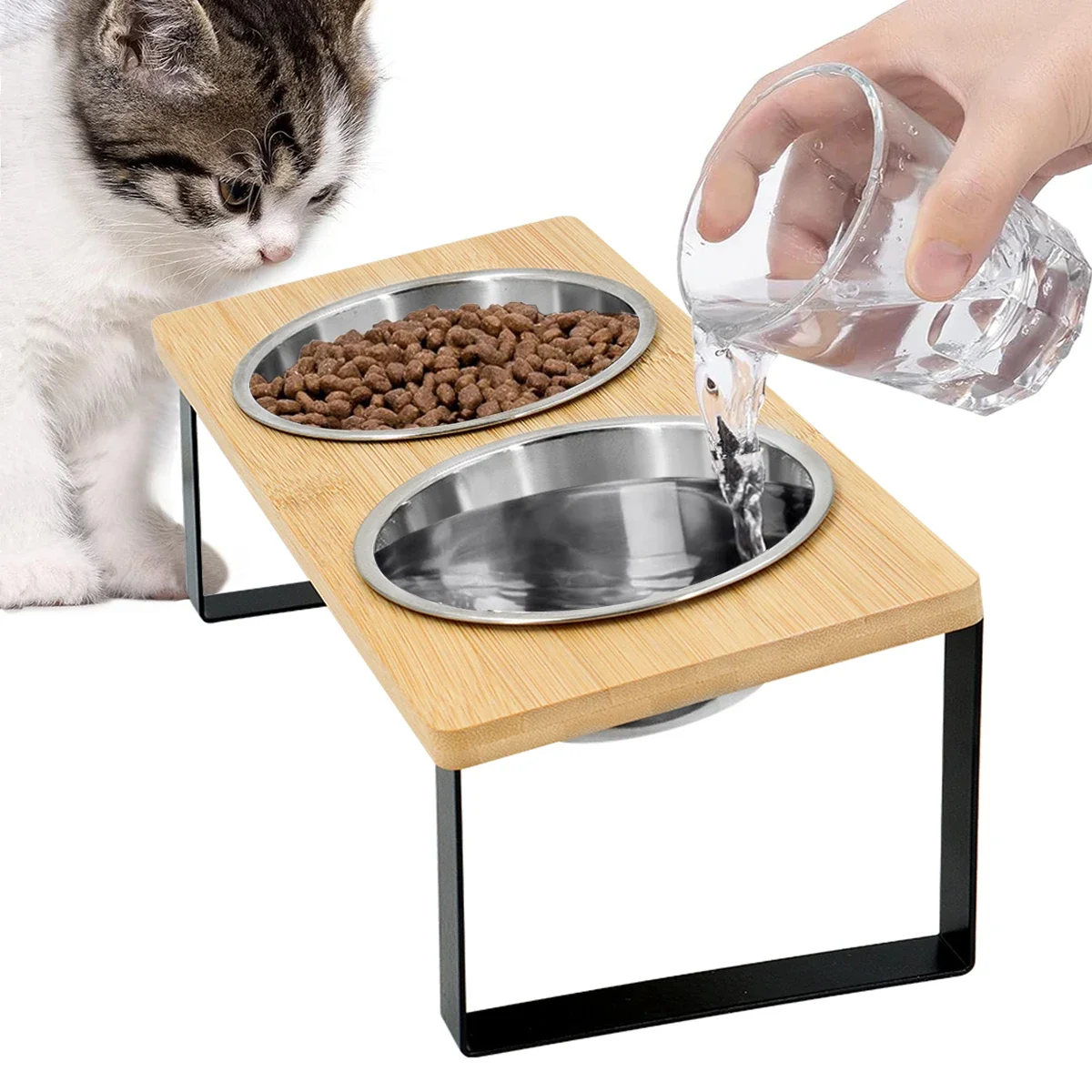 

Elevated Cat Bowl Double Stainless Steel Pet Bowl Anti Overturning Cat Bowl Cats Water and Food Feeder Wooden Non Slip Iron Rack