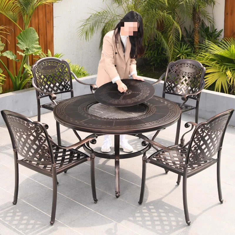 Juego de mesa y sillas para barbacoa de aluminio fundido para ocio al aire libre comercial, mesa de Patio de acero al carbono para barbacoa de carbón para patio doméstico