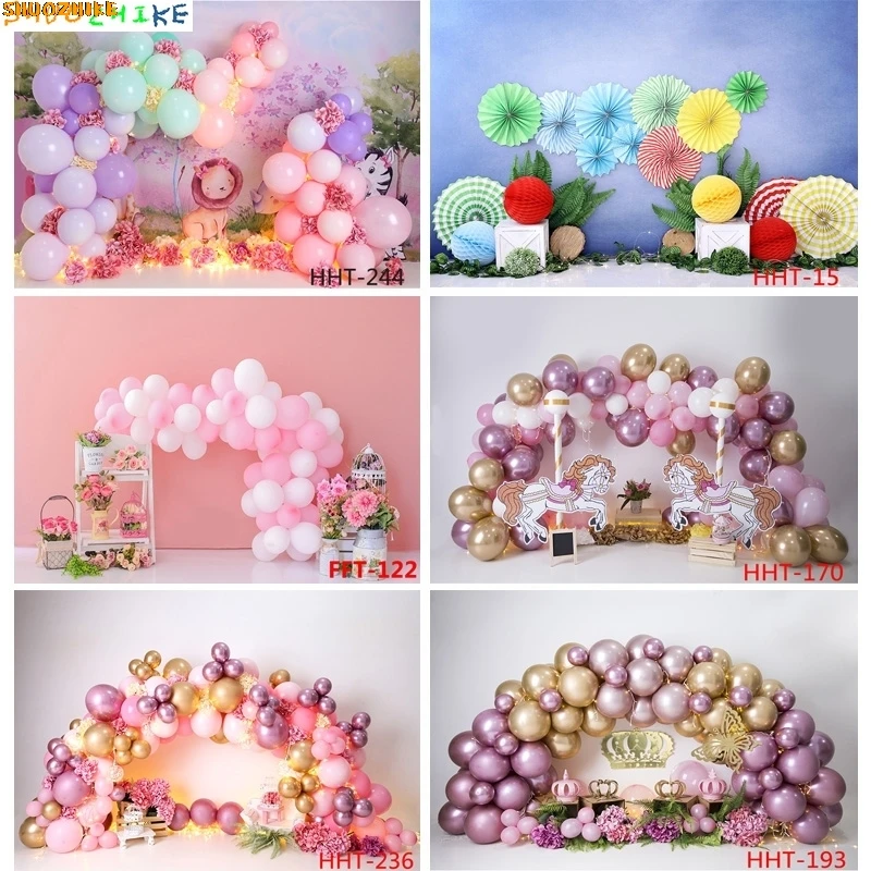 

Vinyl Personalized Decoration With Colorful Balloon Arch Snowman Background Newborn Baby Birthday Photography Backdrops FSS-101