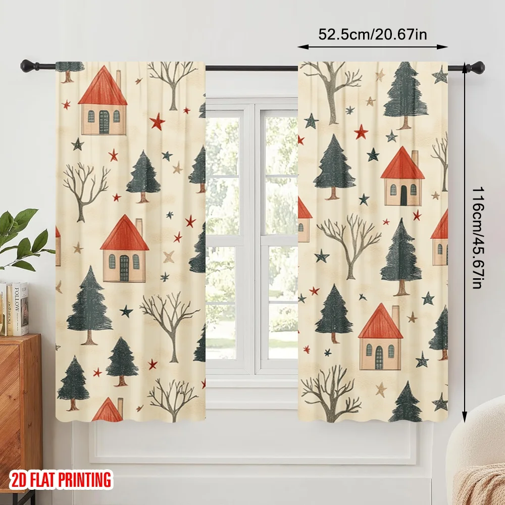 2pcs,2D plane printing Curtains&Window Treatment Christmas Tree Village Snowflakes (3) Polyester (without rod) Decorations For