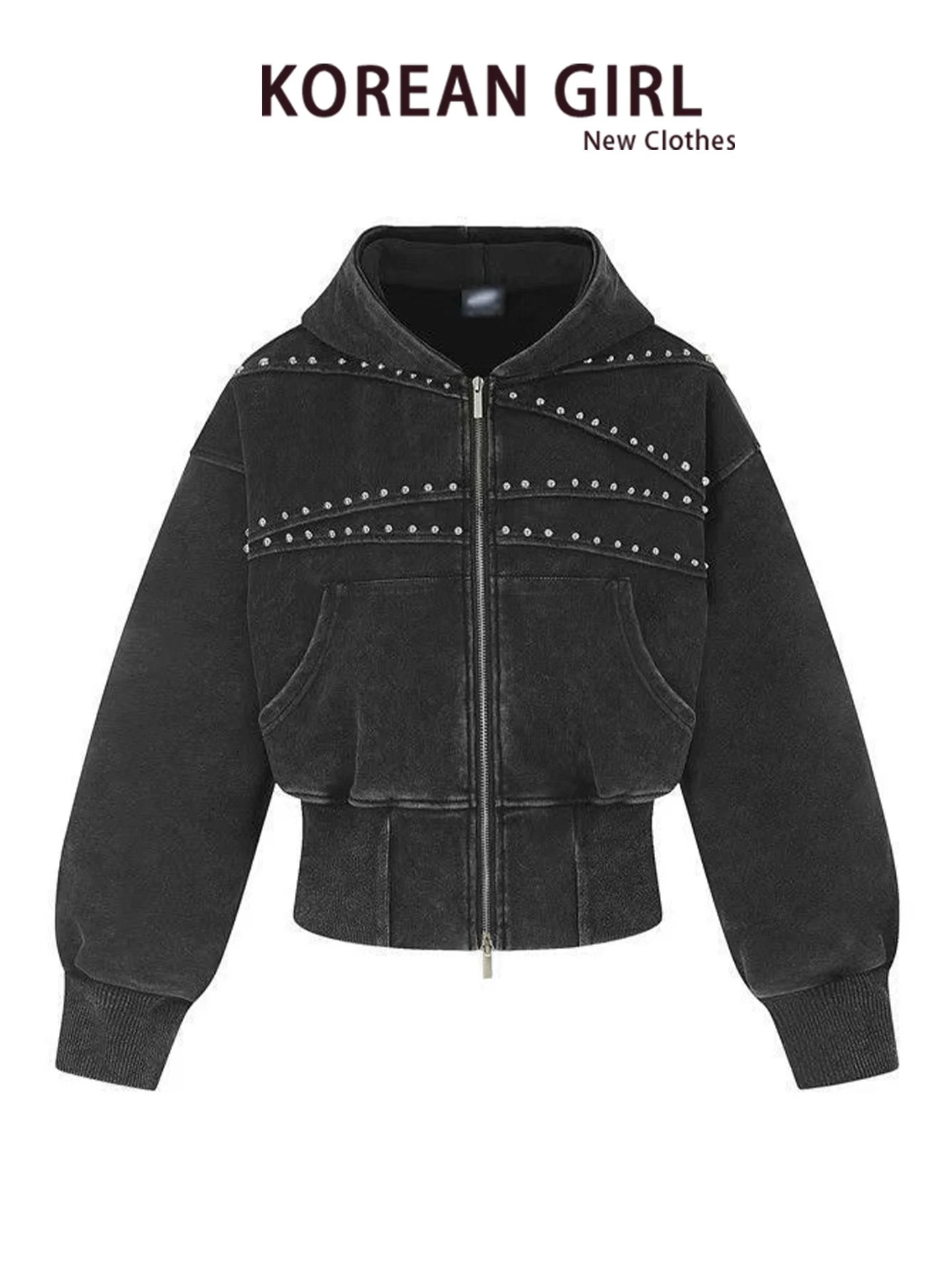 Cool Spicy Wind Rivet Hoodie Open Cardigan Women's Loose High Street American Retro Short Waist Cinched Pearl Jacket