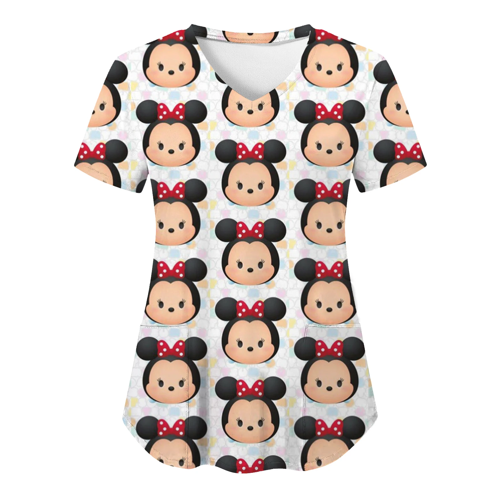 T-shirt Mickey V Neck T-shirts Minnie Mouse Summer Woman Clothes Hospital Top Women 2024 Pocket Tops Nurse Uniform Disney Tees