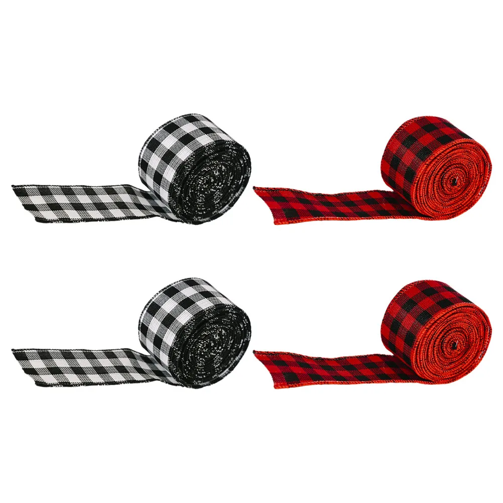 

4 Pcs Christmas Decoration Ribbon Cotton Plaid Bows for Wreaths DIY Holiday Ribbon Tape Black White Red Plaid