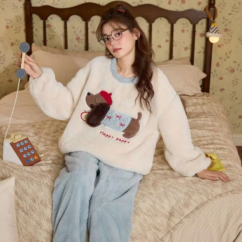 

Sleepwear Women In Autumn and Winter Flannel Comfortable Cute Girls' Home Clothes Girl Warm Thick Coral Fleece Long Loungewear