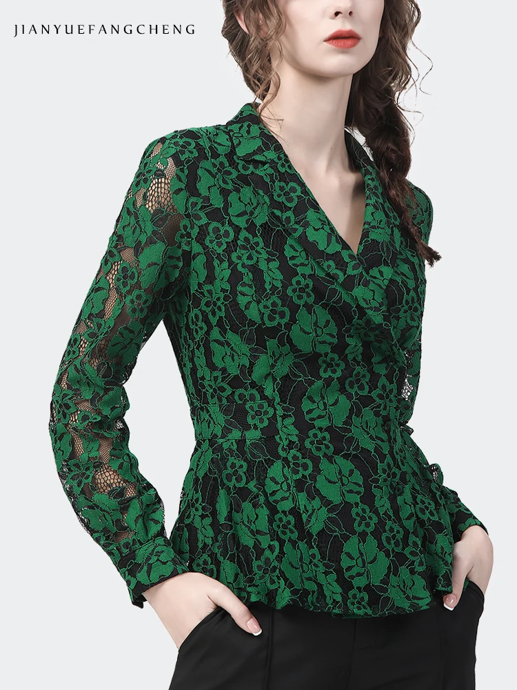 Fashion Womens Long Sleeve Suit Collar Green Lace Shirt Vintage Chic Side Placket Cinched Waist Ladies Top Casual Office Blouse