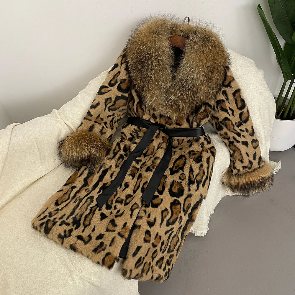 (Rabbit Beauty) New Leopard Print Rabbit Fur  Coat, Fashionable  One-piece Coat + Oversized Raccoon Fur Collar