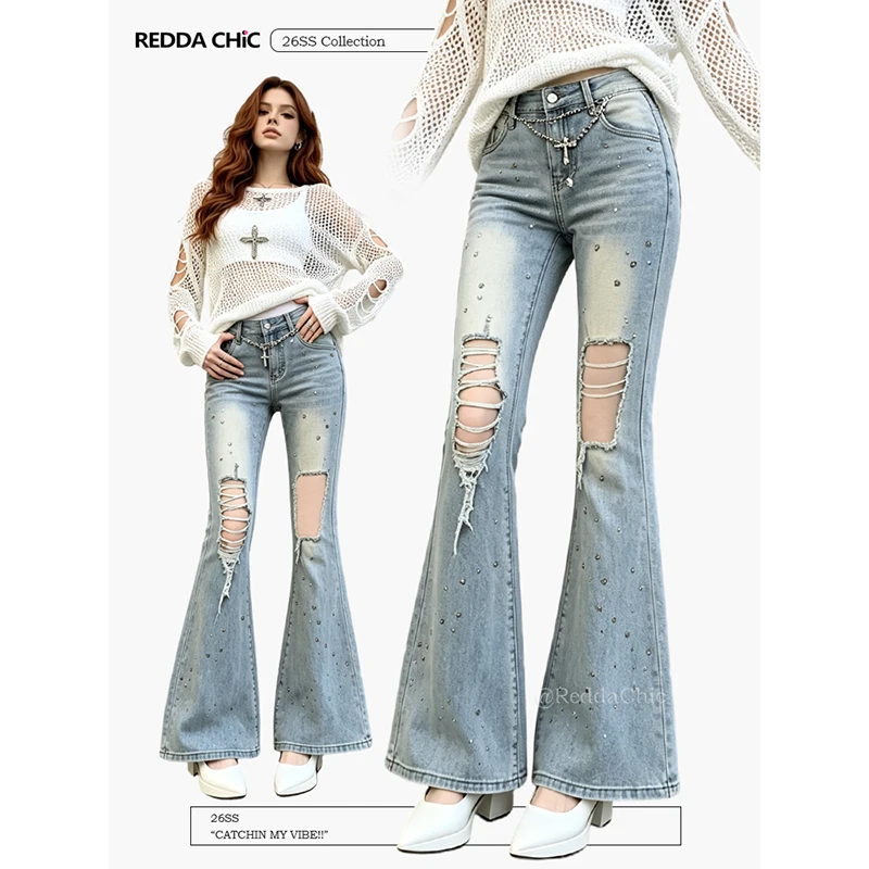 

ReddaChic Women Star Rivets Y2k Jeans Korean Trendy Washed Stretchy Slim Fit Ripped High Rise Denim Trousers Retro Streetwear