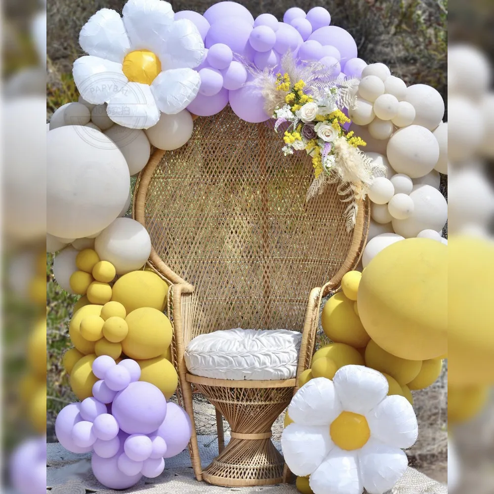 

101PCS White Flower Daisy Theme Arch Garland Balloons Purple Yellow Latex Ball Baby Birthday Party Decorations Anniverary Gifts