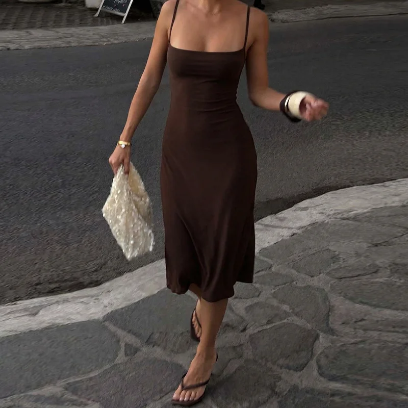 Hugcitar Damen-Kleid, elegant, einfarbig, sexy Midikleid, ärmellos, rückenfrei, Sommerkleidung, Geburtstagsfeier, Urlaub – Detail 15