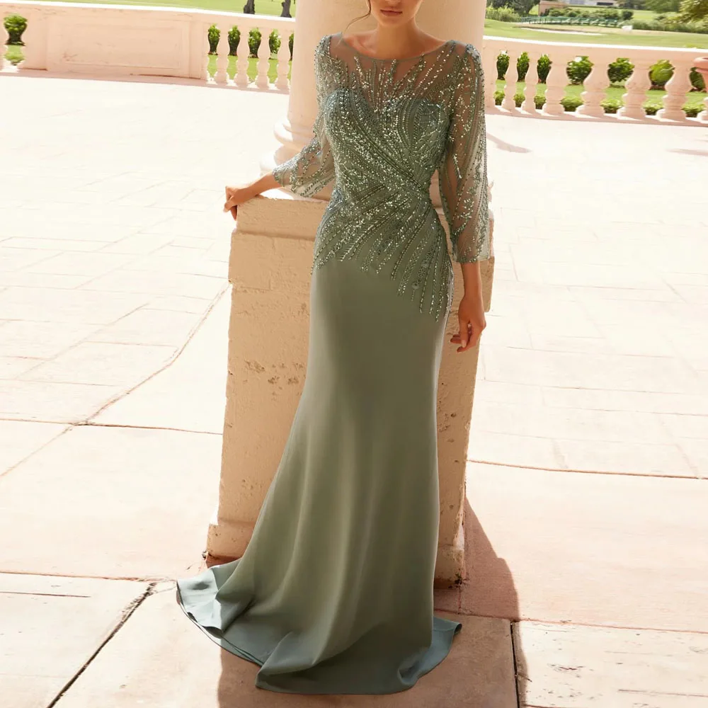 

Customized Illusion Neckline Mermaid Evening Dresses Dusty Green Beaded Formal Dress With 3/4 Sleeve فستان سهرة نسا