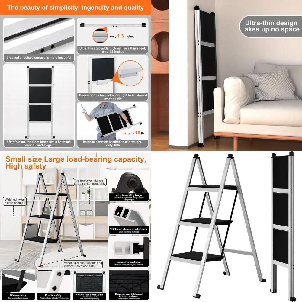 

Aluminum 3-Step Folding Ladder, Lightweight, 400 lbs Capacity, Anti-Slip Wide Steps for Home, Kitchen, Office Use, Space-Saving