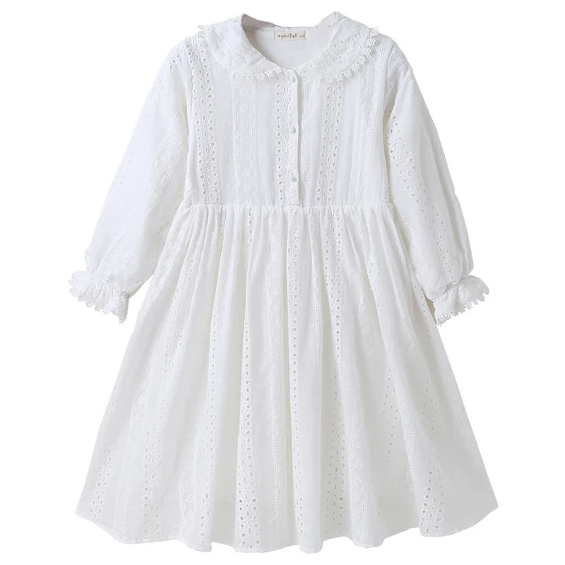 2022 summer maidenly carve lace mesh princess high waisted cotton party white dresses for kids children girl toddler 3-12 years